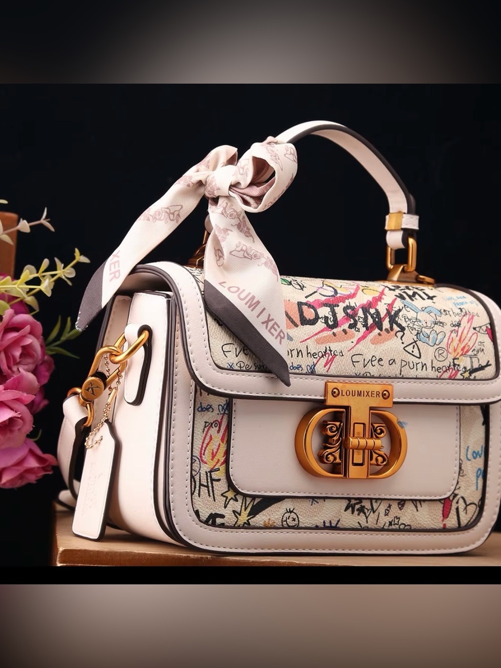 New designer inspired White Canvas Graffiti Top-Handle Bag